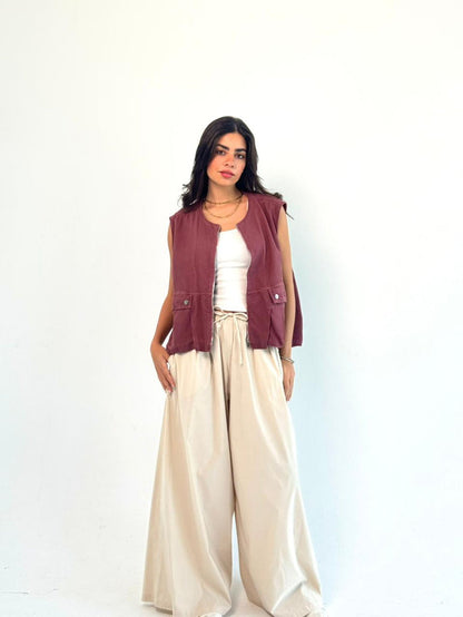 Oversized Cargo Zip Vest – Burgundy
