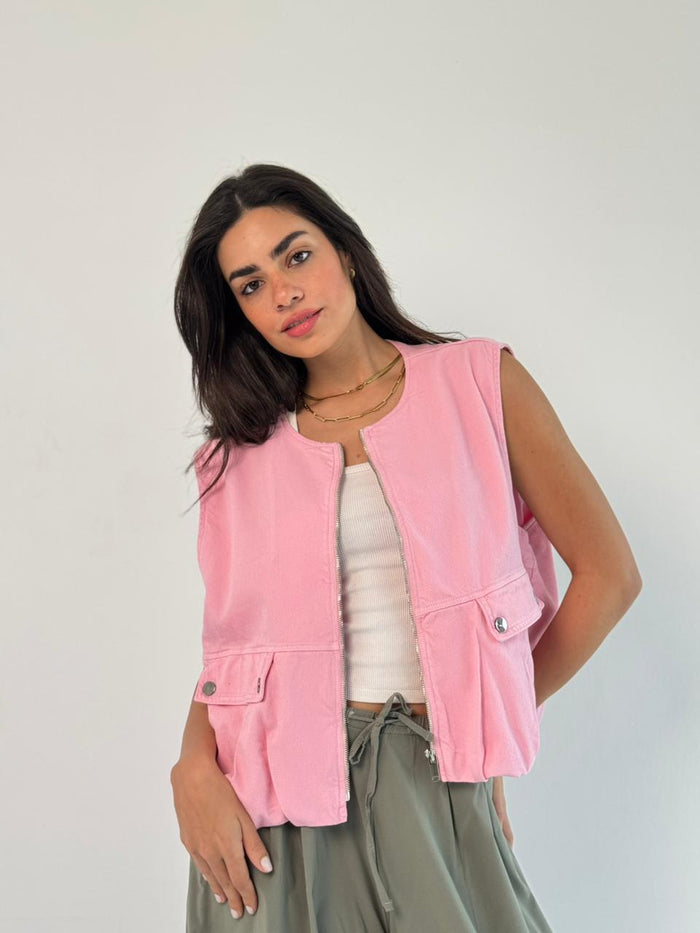 Oversized Cargo Zip Vest – Pink