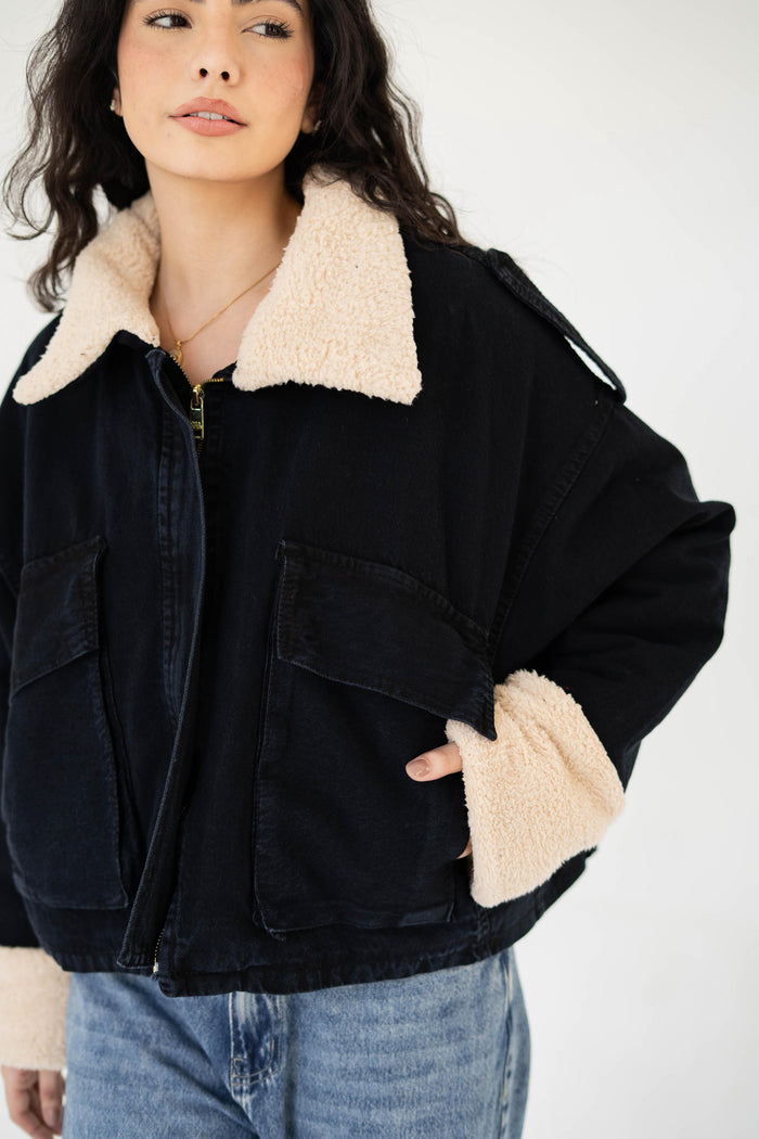 Oversized denim fur jacket - black Fur Biege