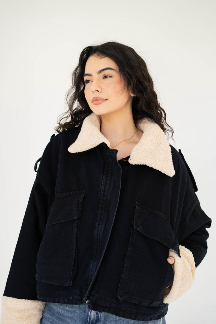 Oversized denim fur jacket - black Fur Biege