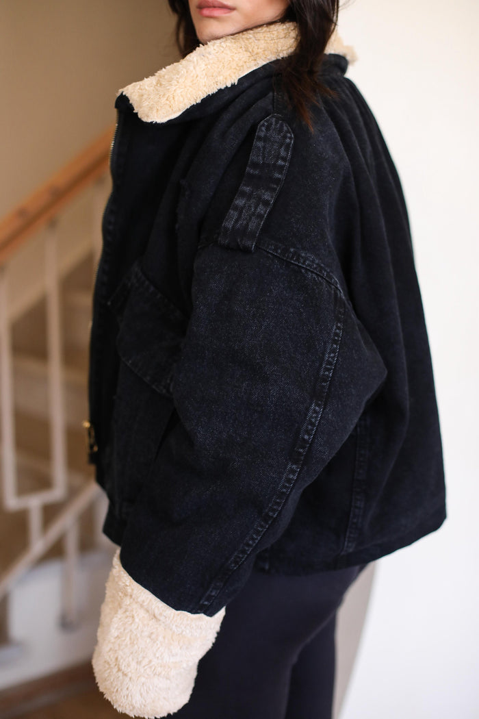 Oversized denim fur jacket - black Fur Biege