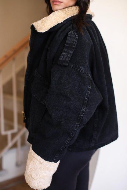 Oversized denim fur jacket - black Fur Biege