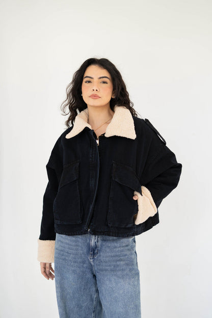 Oversized denim fur jacket - black Fur Biege