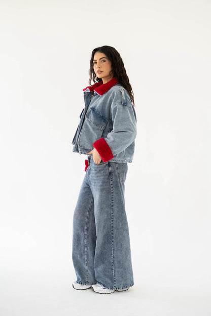 Oversized denim fur jacket- Blue Fur Maroon