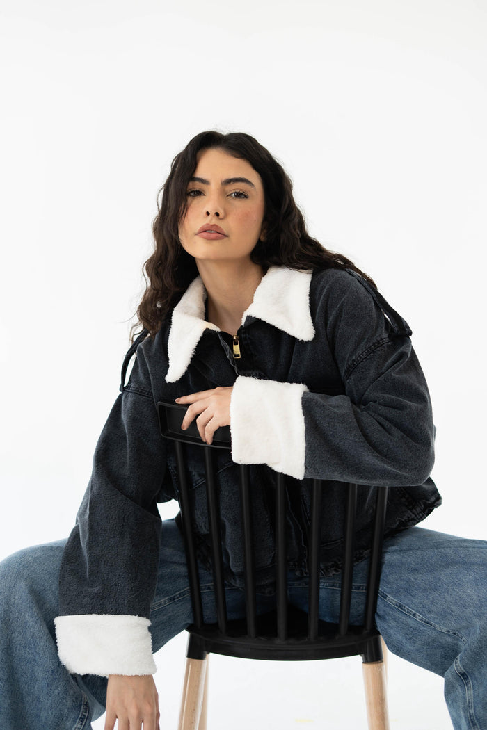 Oversized denim fur jacket- Grey Fur White