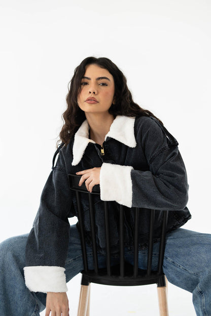 Oversized denim fur jacket- Grey Fur White