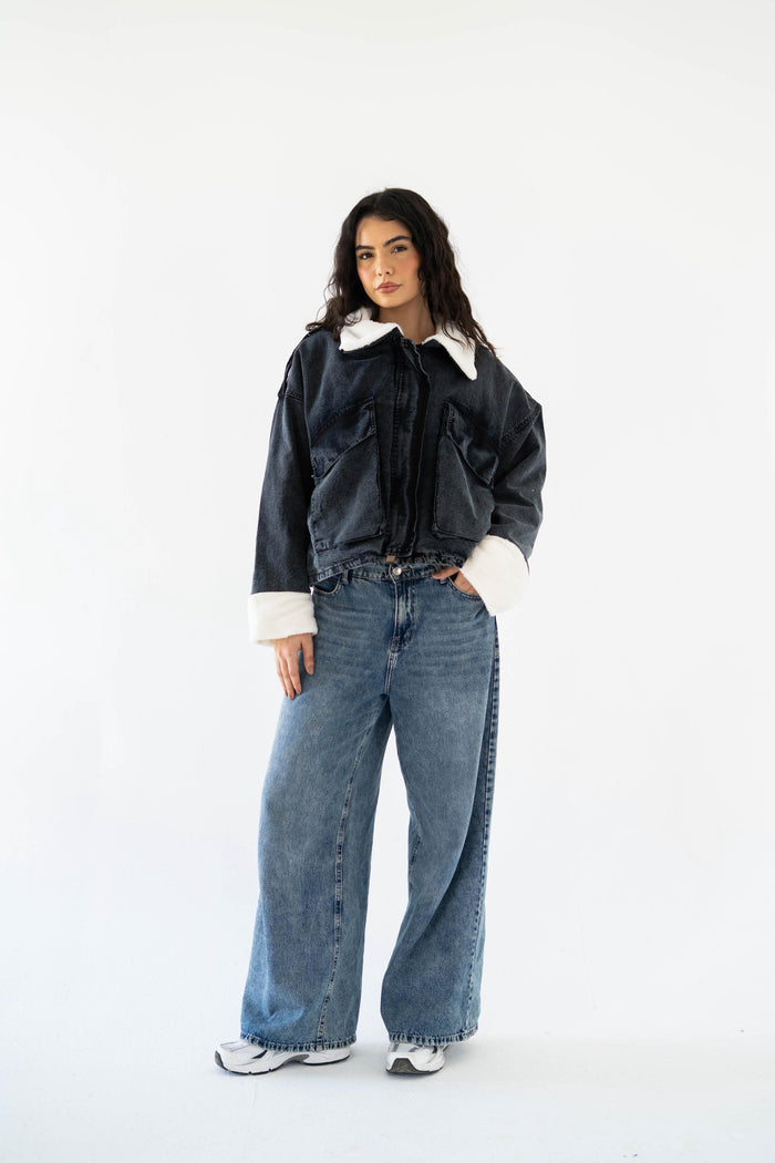 Oversized denim fur jacket- Grey Fur White