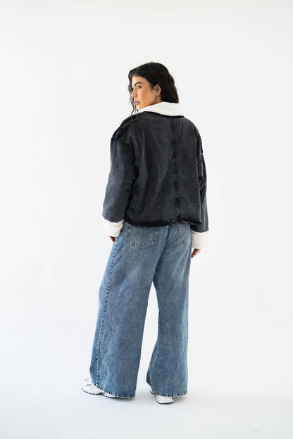 Oversized denim fur jacket- Grey Fur White