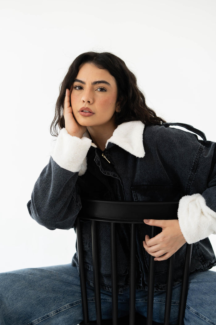 Oversized denim fur jacket- Grey Fur White