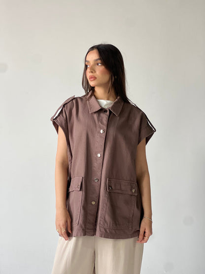 Oversized Long Cargo Vest –Brown