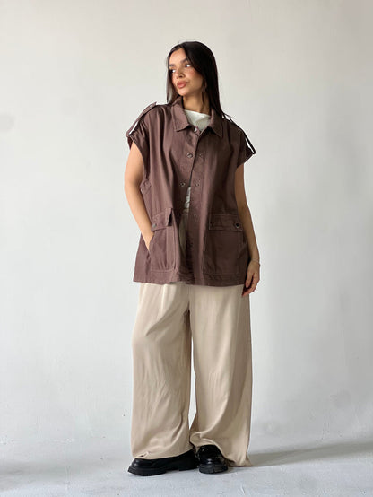 Oversized Long Cargo Vest –Brown