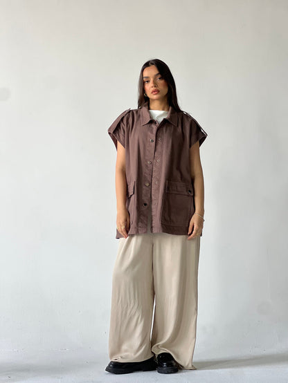 Oversized Long Cargo Vest –Brown