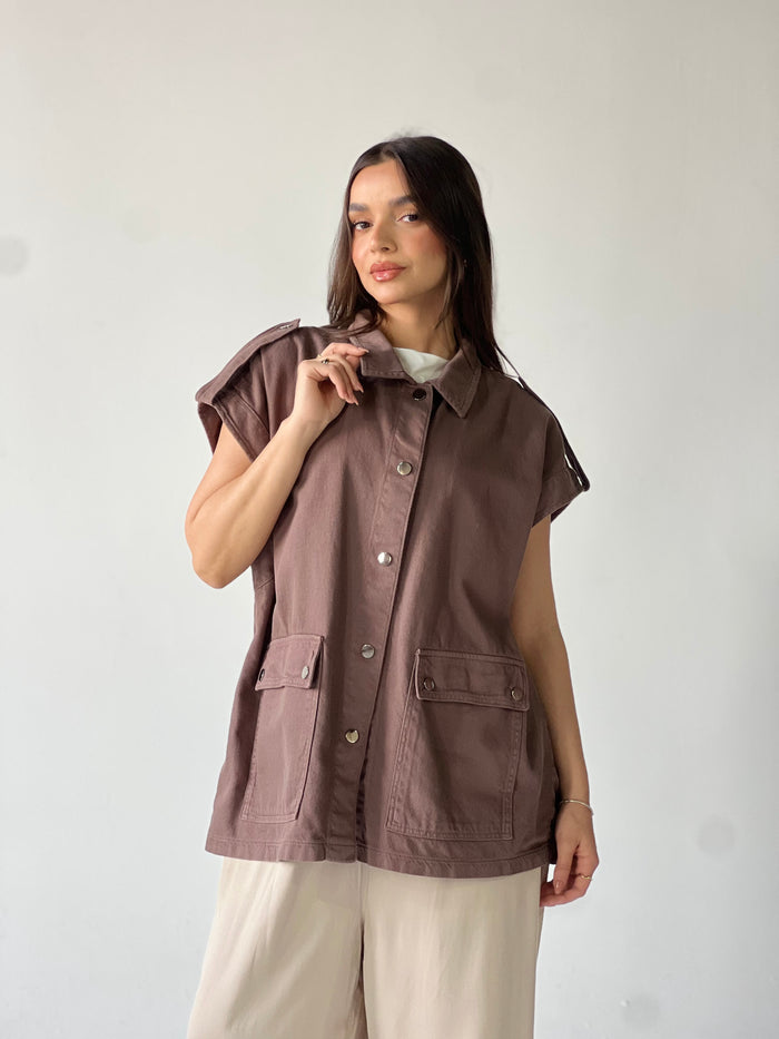 Oversized Long Cargo Vest –Brown