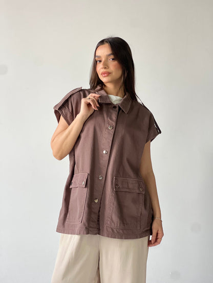 Oversized Long Cargo Vest –Brown