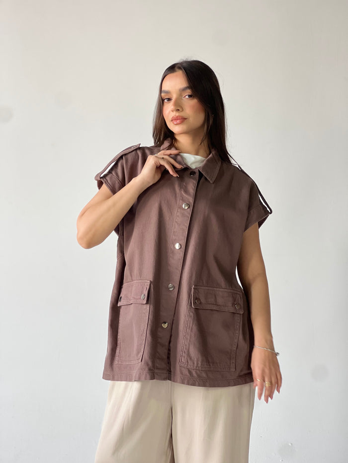 Oversized Long Cargo Vest –Brown