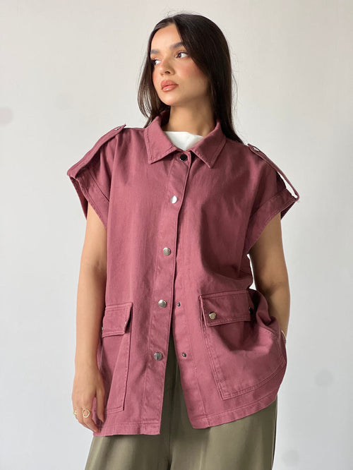 Oversized Long Cargo Vest – Burgundy