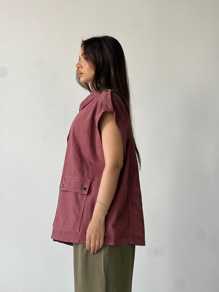 Oversized Long Cargo Vest – Burgundy