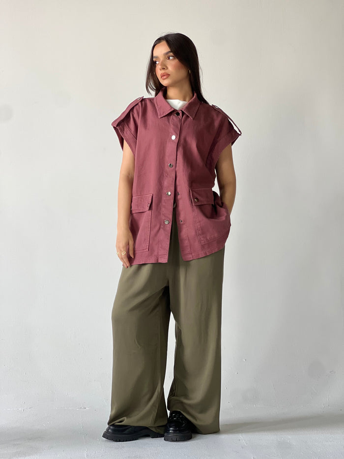 Oversized Long Cargo Vest – Burgundy