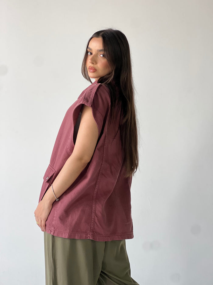 Oversized Long Cargo Vest – Burgundy