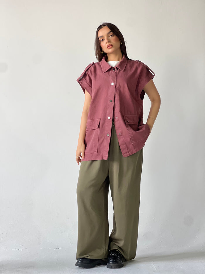 Oversized Long Cargo Vest – Burgundy