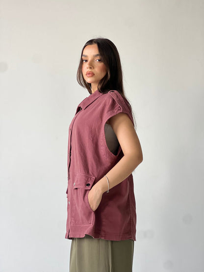 Oversized Long Cargo Vest – Burgundy