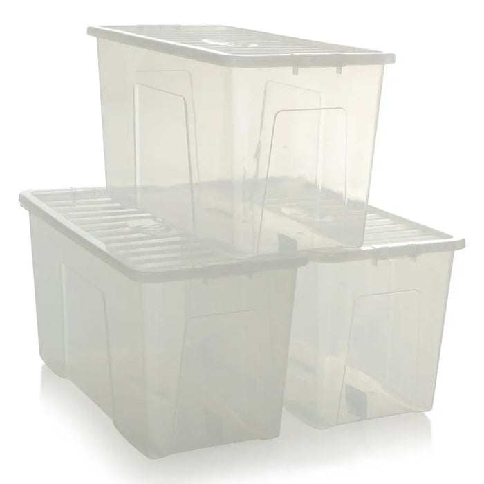 Pack of 3 - 110 Litre Crystal Plastic Storage Boxes with Lids Wham Storage