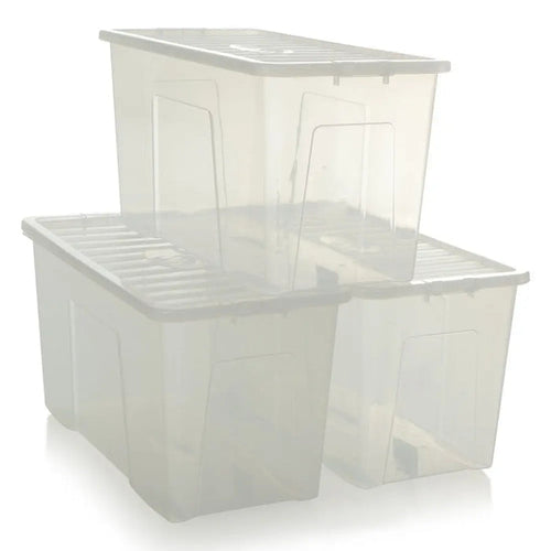 Pack of 3 - 110 Litre Crystal Plastic Storage Boxes with Lids Wham Storage
