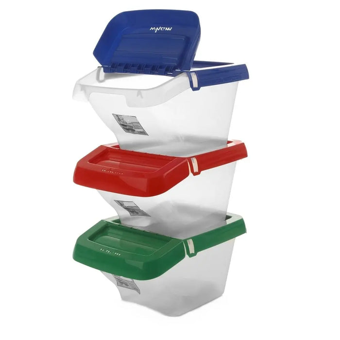 Pack of 3 - 50 Litre Stacking Plastic Recycling Box - Clear with Hinged Lid Wham Storage