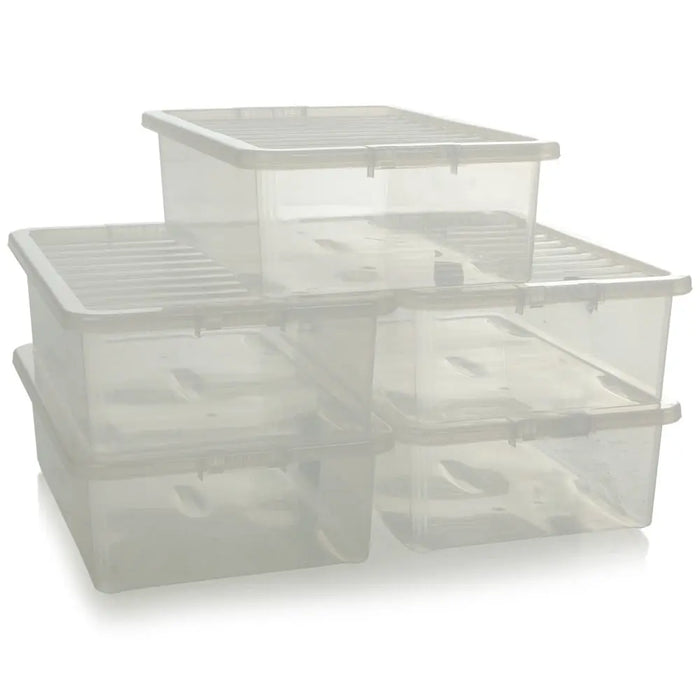 Pack of 5 - 32 Litre Crystal Under Bed Plastic Storage Boxes with Lids Wham Storage