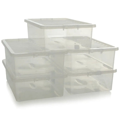 Pack of 5 - 32 Litre Crystal Under Bed Plastic Storage Boxes with Lids Wham Storage
