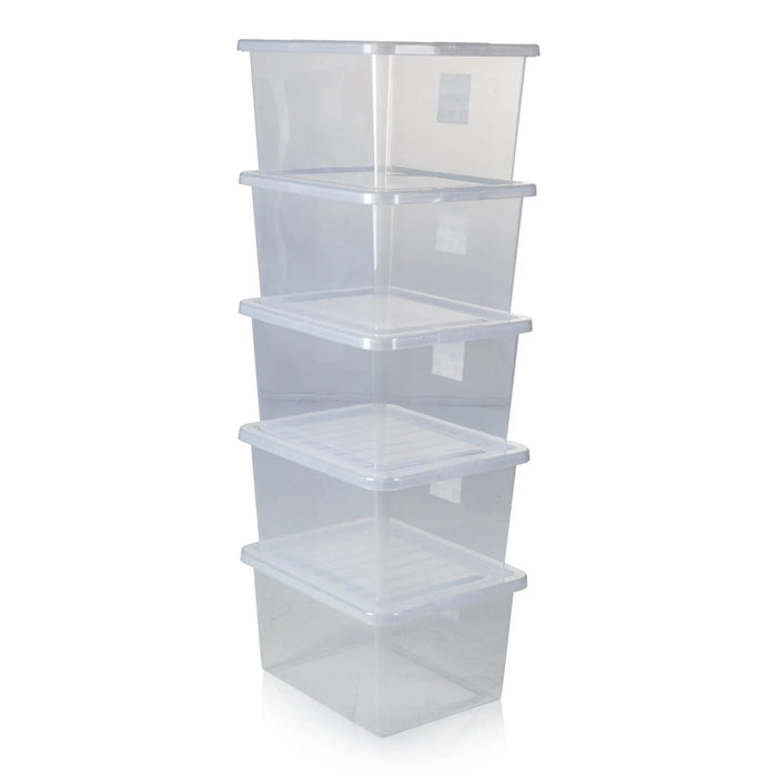 Pack of 5 - 37 Litre Crystal Plastic Storage Boxes with Lids Wham Storage