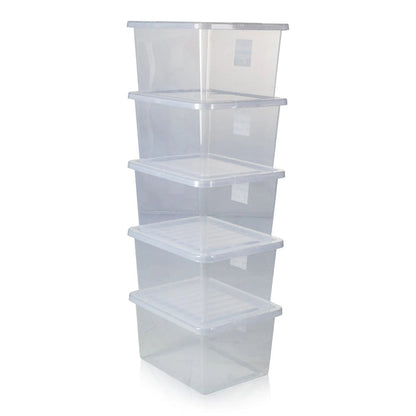 Pack of 5 - 37 Litre Crystal Plastic Storage Boxes with Lids Wham Storage