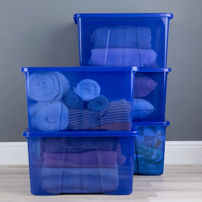Pack of 5 - 60 Litre Large Crystal Plastic Boxes with Lids Wham Storage
