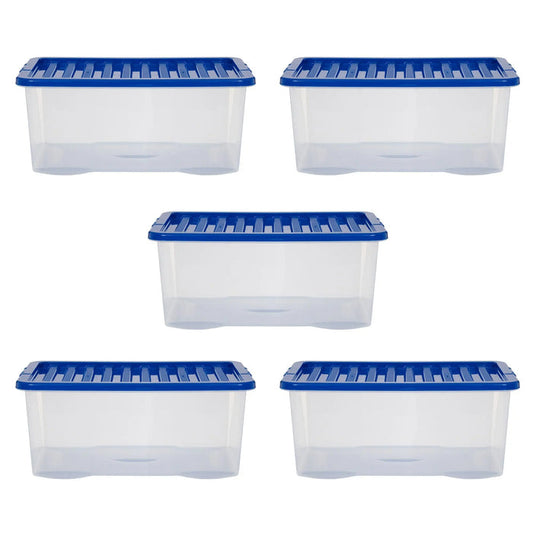 Pack of 5 - Large 45lt Crystal Boxes with Coloured Lids Wham Storage