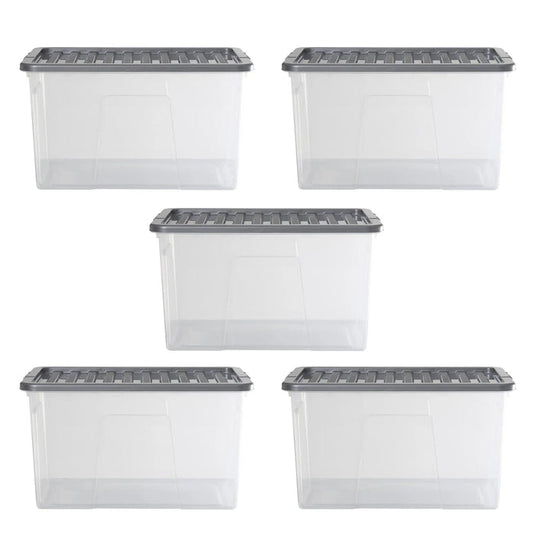 Pack of 5 - Large 60lt Crystal Boxes with Coloured Lids Wham Storage