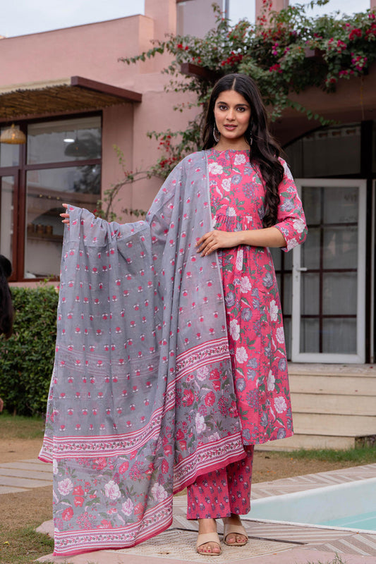 PINK GREY PLEATED SUIT SET