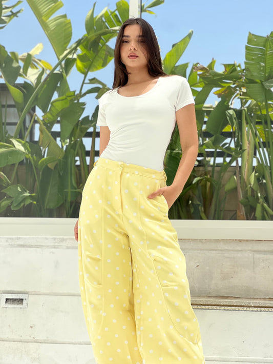 Polka Balloon Pants-White X Yellow
