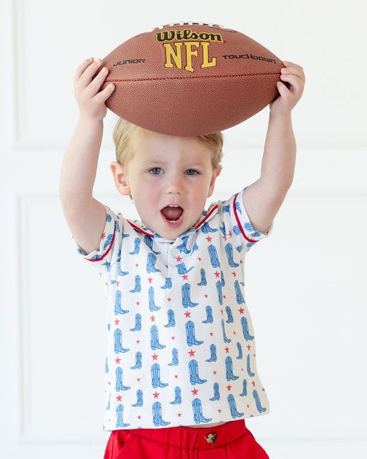 Red, White, and Blue Boots Pima Outfits for Boys - polo and shorts
