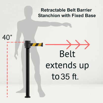 Retractable Belt Barrier Stanchion, Fixed Base, Black Powder Coated Post, 35 ft Belt - Montour Line MX760F - Crowd Control Warehouse