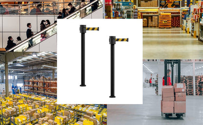 Retractable Belt Barrier Stanchion, Fixed Base, Black Powder Coated Post, 35 ft Belt - Montour Line MX760F - Crowd Control Warehouse