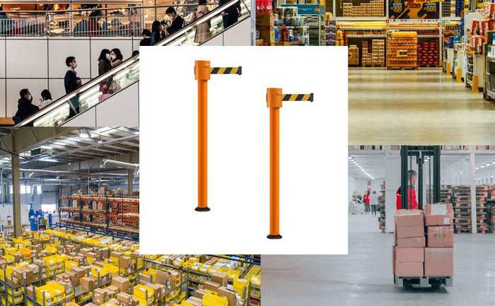 Retractable Belt Barrier Stanchion, Fixed Base, Orange Post, 35 ft Belt - Montour Line MSX760F - Crowd Control Warehouse