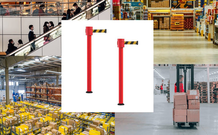Retractable Belt Barrier Stanchion, Fixed Base, Red Post, 35 ft Belt - Montour Line MSX760F - Crowd Control Warehouse