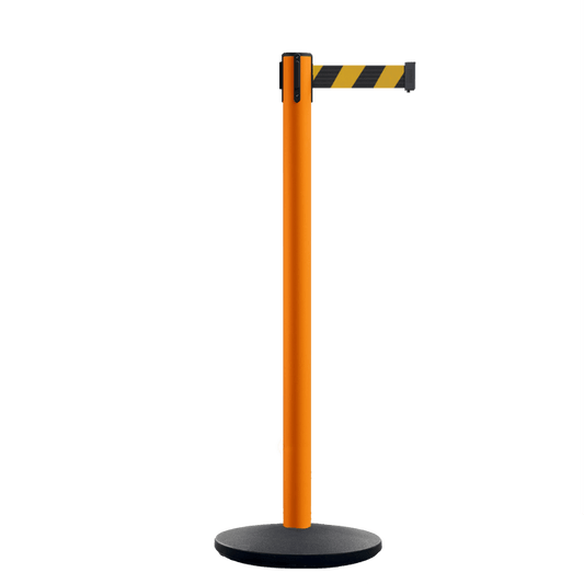 Retractable Belt Barrier Stanchion, Orange Post, Cast Iron Base, 13 Ft. Belt - Montour Line MSI630 - Crowd Control Warehouse