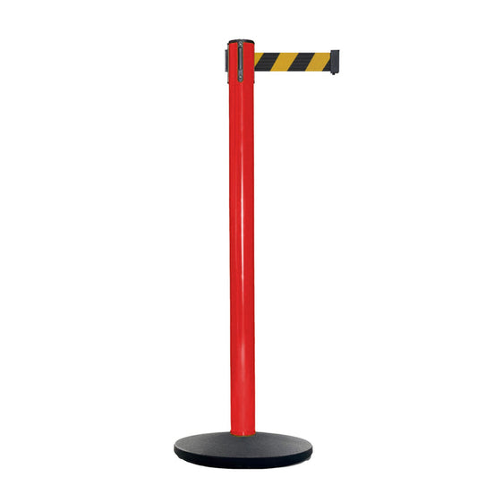 Retractable Belt Barrier Stanchion, Red Post, Cast Iron Base, 13 Ft. Belt - Montour Line MSI630 - Crowd Control Warehouse