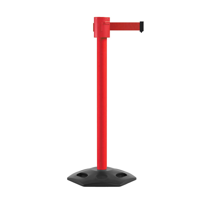 Retractable Belt Barrier Stanchion, Rubber Base, Red Post, 35 ft Belt - Montour Line MSR760 - Crowd Control Warehouse