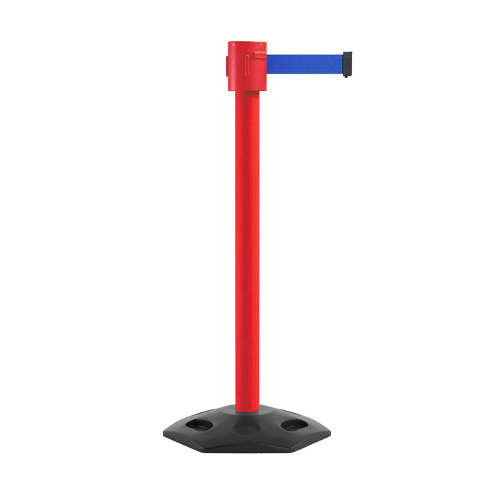 Retractable Belt Barrier Stanchion, Rubber Base, Red Post, 35 ft Belt - Montour Line MSR760 - Crowd Control Warehouse