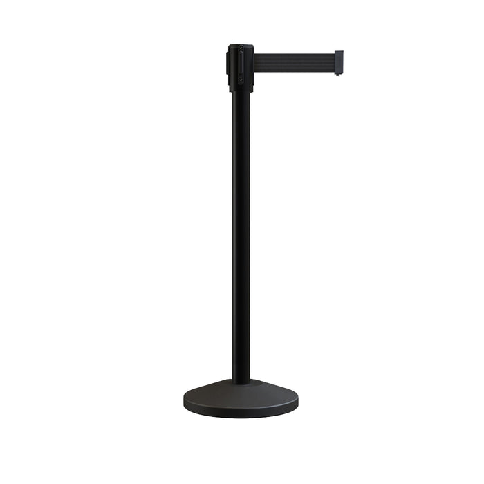 Retractable Belt Barrier Stanchion, Sloped Base, Black Powder Coated Post, 9 ft Belt - Montour Line M530 - Crowd Control Warehouse