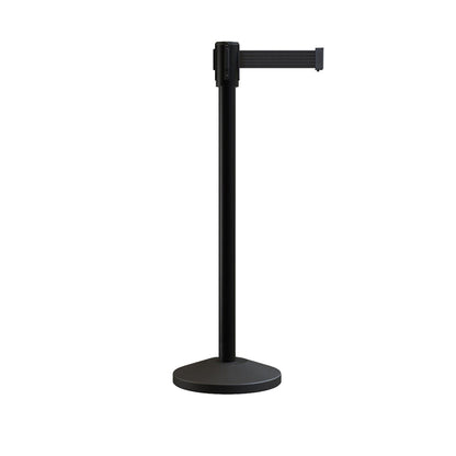 Retractable Belt Barrier Stanchion, Sloped Base, Black Powder Coated Post, 9 ft Belt - Montour Line M530 - Crowd Control Warehouse
