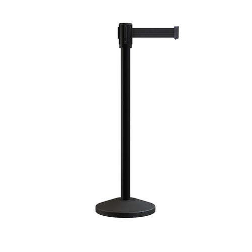 Retractable Belt Barrier Stanchion, Sloped Base, Black Powder Coated Post, 9 ft Belt - Montour Line M530 - Crowd Control Warehouse