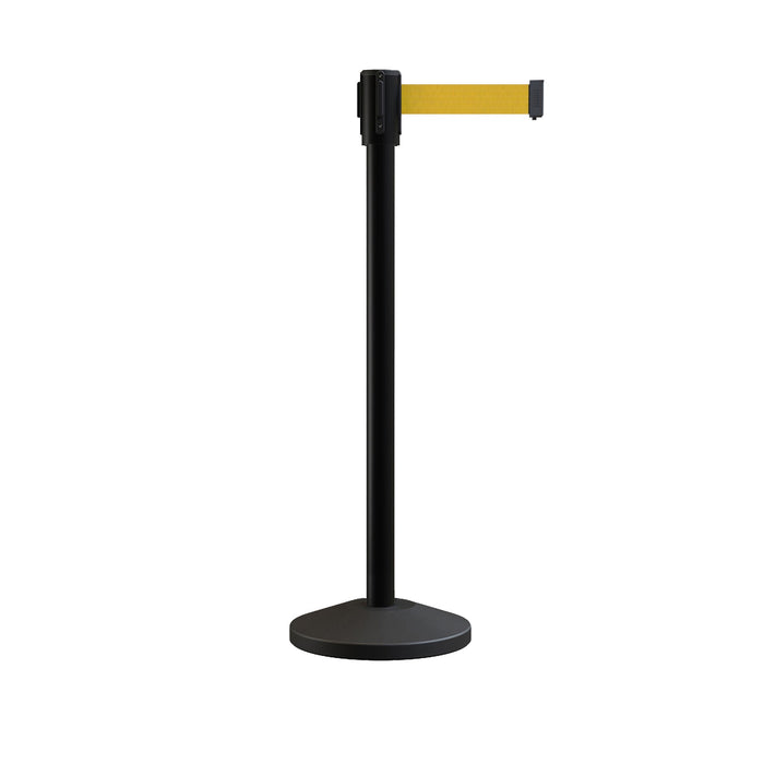 Retractable Belt Barrier Stanchion, Sloped Base, Black Powder Coated Post, 9 ft Belt - Montour Line M530 - Crowd Control Warehouse